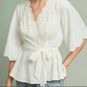 Anthropologie White Wrap Peasant Blouse, Size L